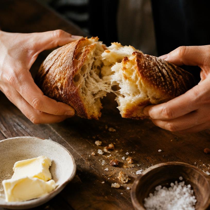 Hands tearing warm bread