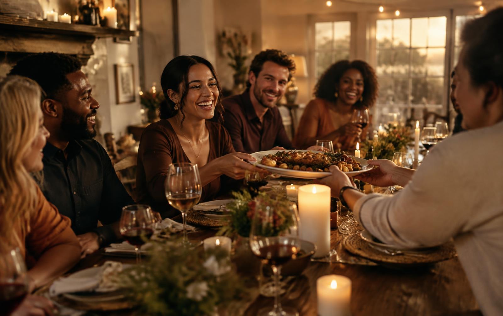 Friends passing a platter around a candlelit home dinner table in Charlotte