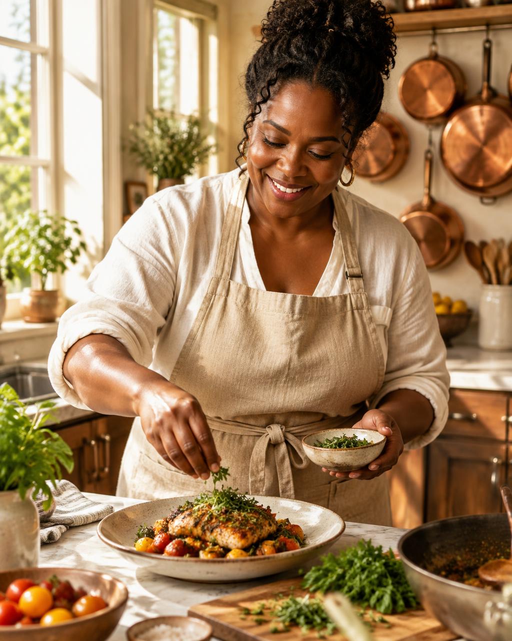 A home cook garnishing a plated dish with fresh herbs in a warm kitchen