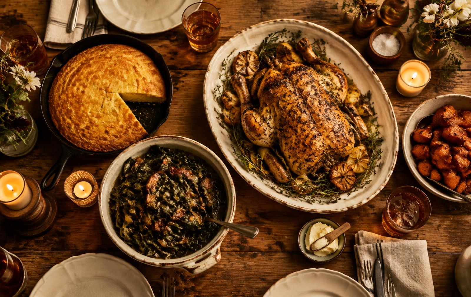 An overhead view of a Southern home-cooked feast on a reclaimed wood table